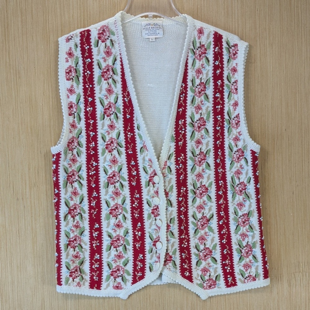 Vintage Susan Bristol 90s Cottage Granny Floral Knit Vest Large Hand Embroidered